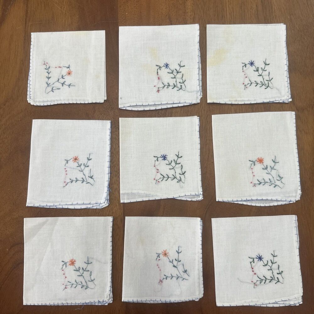 Vtg cotton cocktail napkins hand stitched floral set of 9
